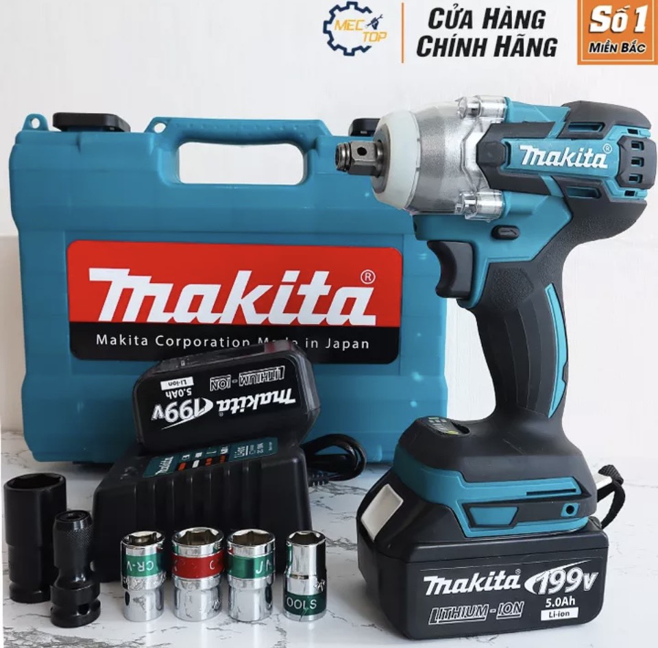 - Máy siết bulong pin Mkita 199V - Không chổi than - Siết bulong đầu rỗng đa năng - 2 Pin