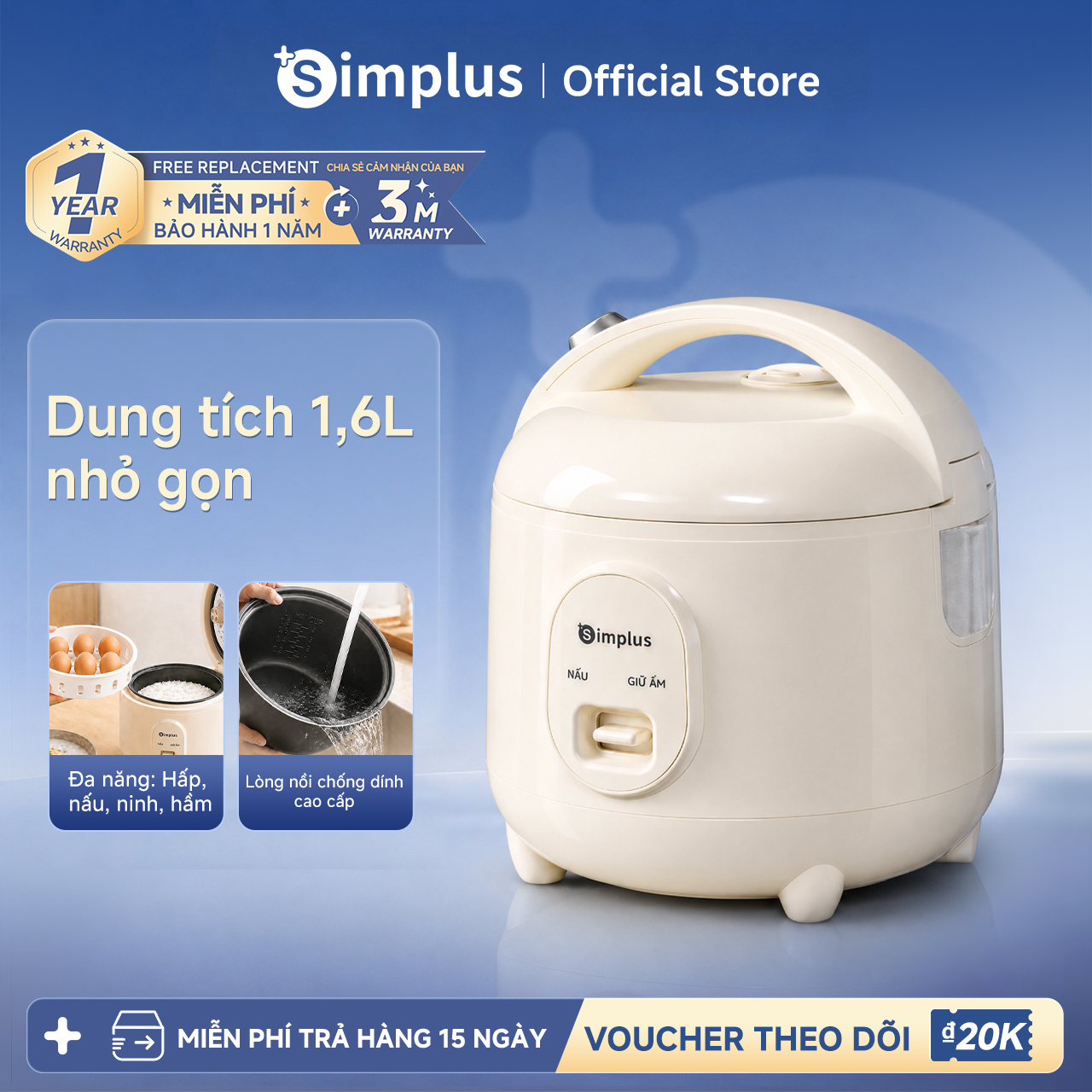 Simplus 1.6L Mini Rice Cooker for Family Use, Multi-Function Non-Stick Pot with Integrated Steaming Tray and Water Drip Tray Dfba012