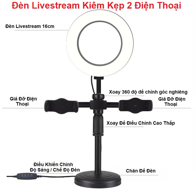 Bộ đèn Livestream, đèn led đa năng size 16cm, ba chế độ ánh sáng hỗ trợ livestream, bán hàng, review sản phẩm, trang điểm - quay phim - makeup