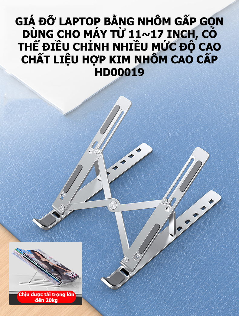 Giá đỡ laptop tản nhiệt bằng nhôm gấp gọn có thể điều chỉnh nhiều mức độ cao chất liệu hợp kim nhôm cao cấp HD00019