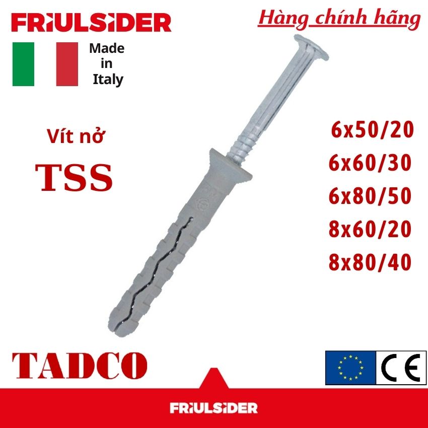 [10 Bộ] Vít Nở Tắc Kê Nhựa Ý cao cấp 6 , 8mm TSS - Friulsider dễ dùng dạng búa đóng không cần xiết vít vặn vít, hàng nhập khẩu