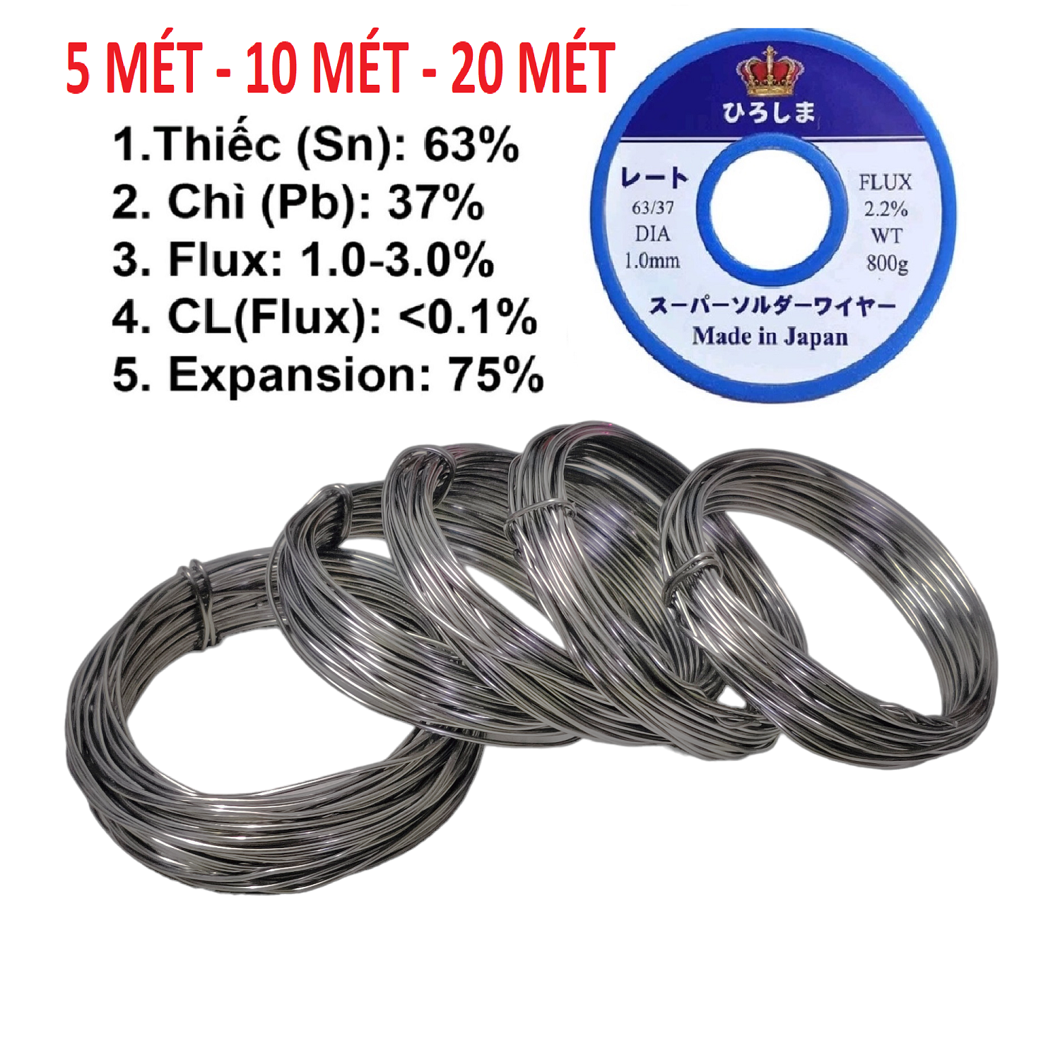 Thiếc hàn nhật mối hàn siêu bóng đẹp, siêu nhẹ lửa. thiếc hàn 63/37 hiroshima sakura 1mm ít chì không độc hại