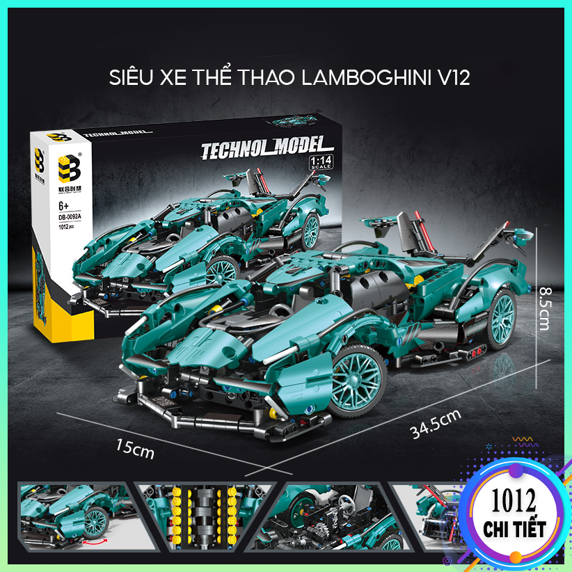 Đồ chơi lắp ráp xe đua Technic Lamboghini V12 1012 chi tiết mô hình lắp ráp xe đua bản đẹp màu Light Blue 1:14