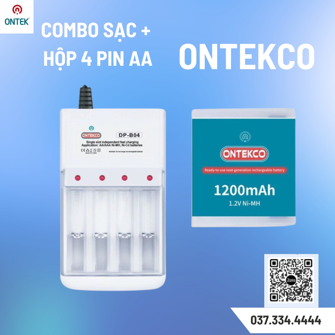 Combo ontekco đế sạc 4 cổng kèm hộp 4 pin aa 1200mah dùng cho micro chạy pin tiểu