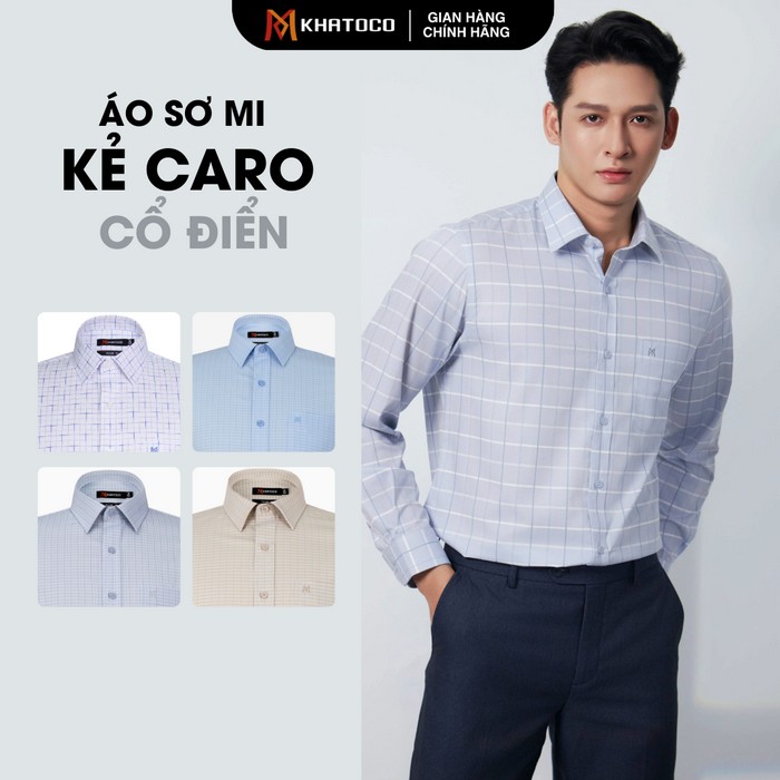 Áo sơ mi nam KHATOCO form Tailor Fit kẻ caro cổ điển mỏng nhẹ không nhăn mã 18506