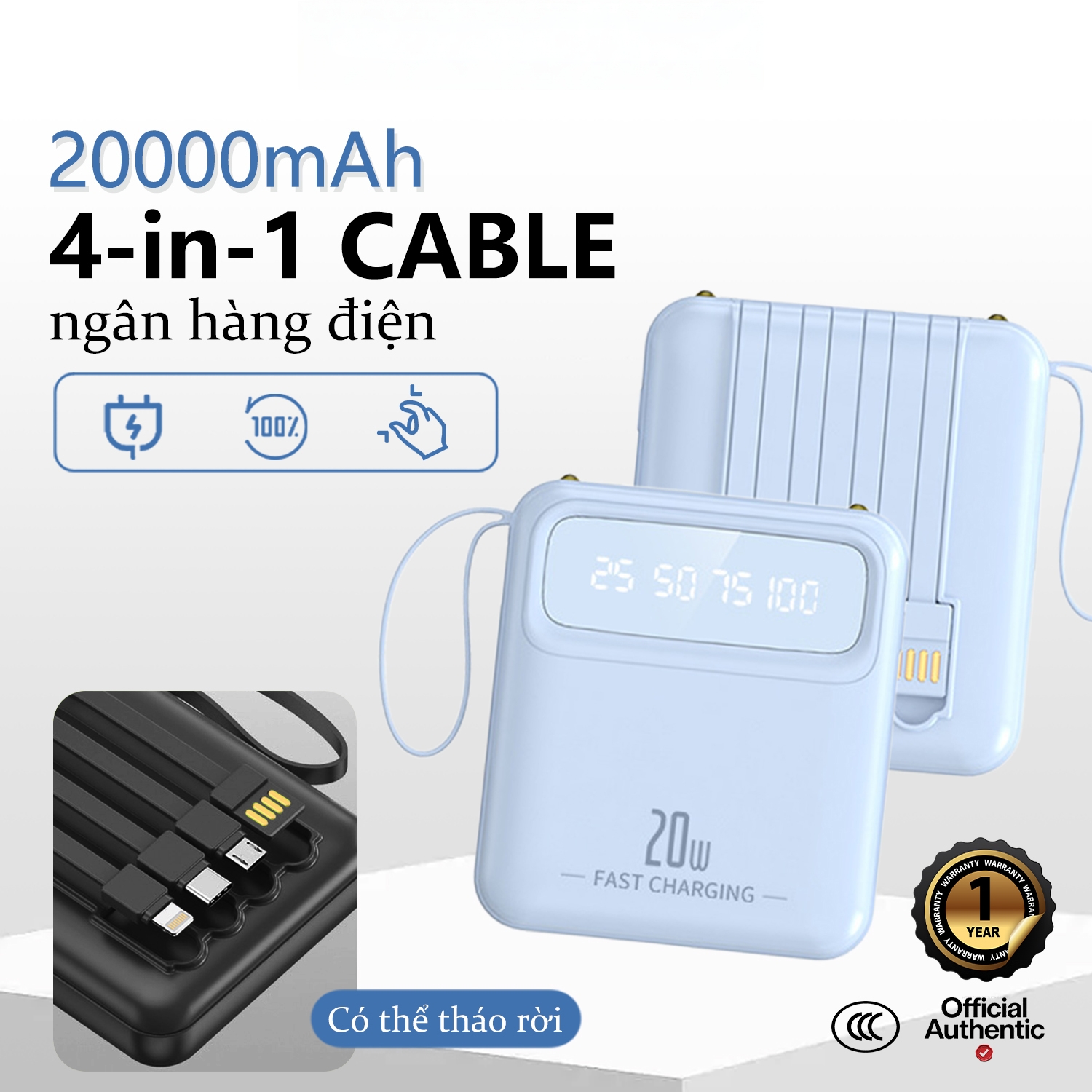 mini pin sạc dự phòng với bốn được xây dựng trong cáp, 20000mAh dung tích lớn đồ sạc di động