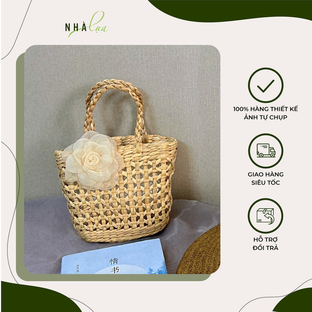 Túi cói đi biển đính hoa - Túi xách cầm tay Vintage - Nhà Lụa Store TU01