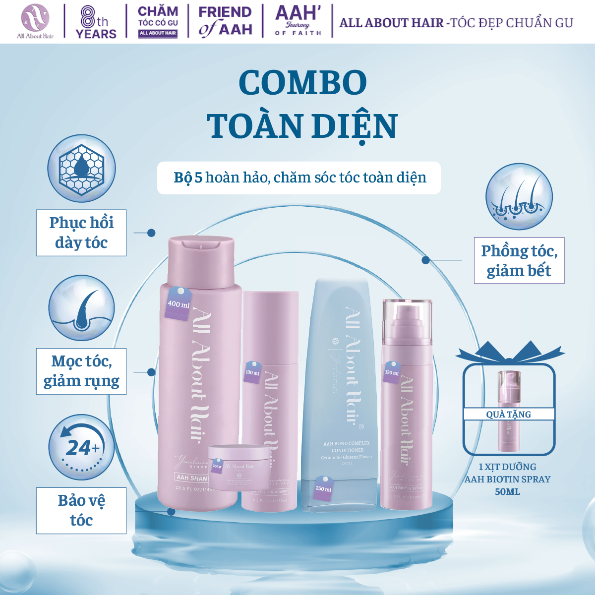 Combo 5 sản phẩm chăm sóc tóc aah all about hair - full set 5 products