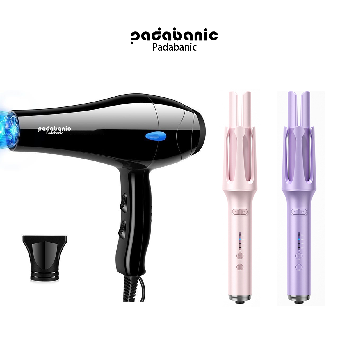 Máy uốn tóc tự động padabanic 8887 với máy sấy tóc phát sáng ion xanh tặng kèm đầu sấy