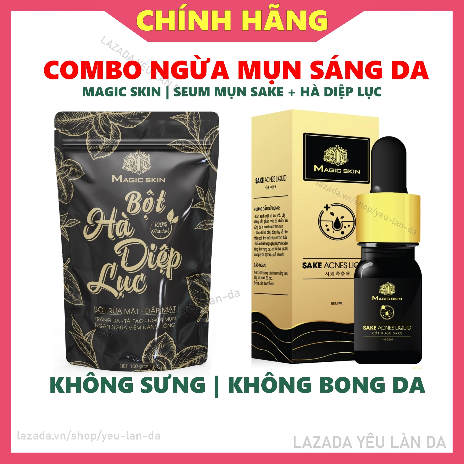 Bộ COMBO Ngừa Mụn Sáng Da Hiệu Quả Magic Skin Serum Tinh Chất Mụn Acnes và Bột Đắp Mặt Hà Diệp Lục