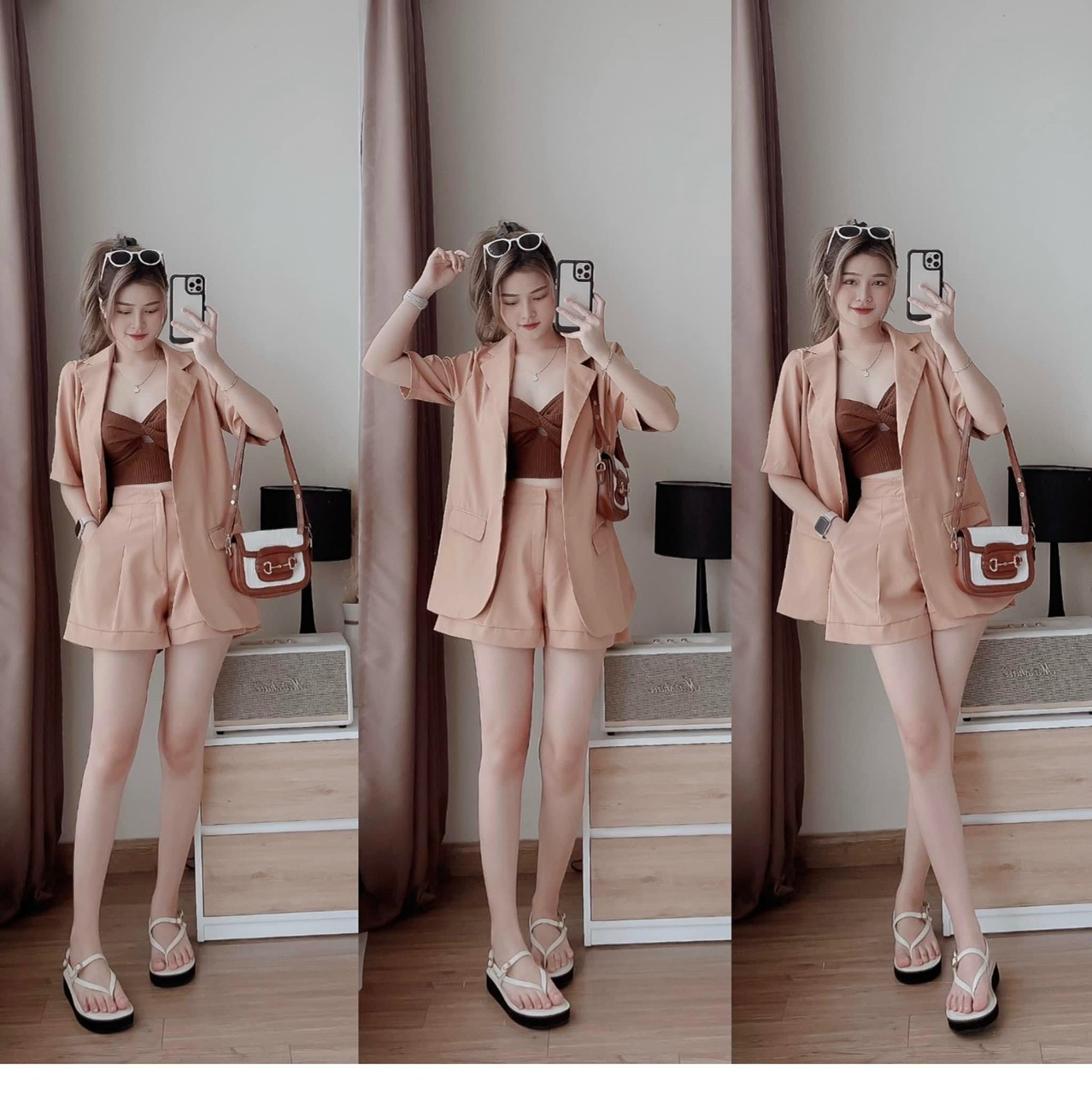 Sét bộ vest 3 món lót 2 dây xoắn ngực kèm khoác kèm quần đùi có túi cực xinh xắn đáng yêu.