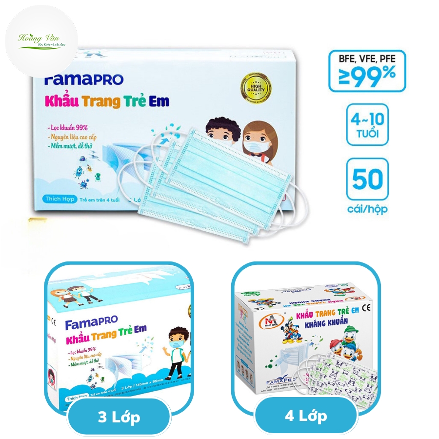 [HCM]Khẩu trang trẻ em kháng khuẩn FAMAPRO - Hộp 50 cái