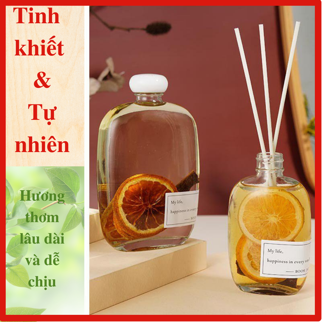 Tinh dầu thơm phòng tự nhiên 100ml có hoa khô nổi trong lọ kèm que tự khuếch tán hương thơm TD36
