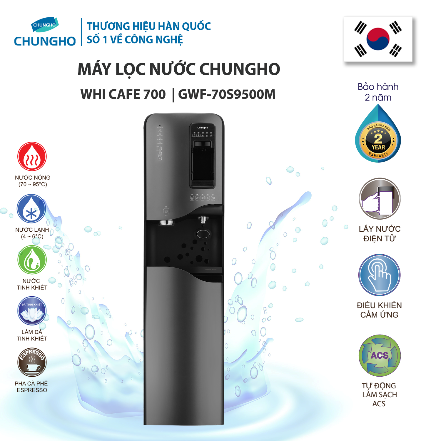 Máy lọc nước chungho whi cafe 700 gwf-70s9500m có chức năng làm đá, pha cafe