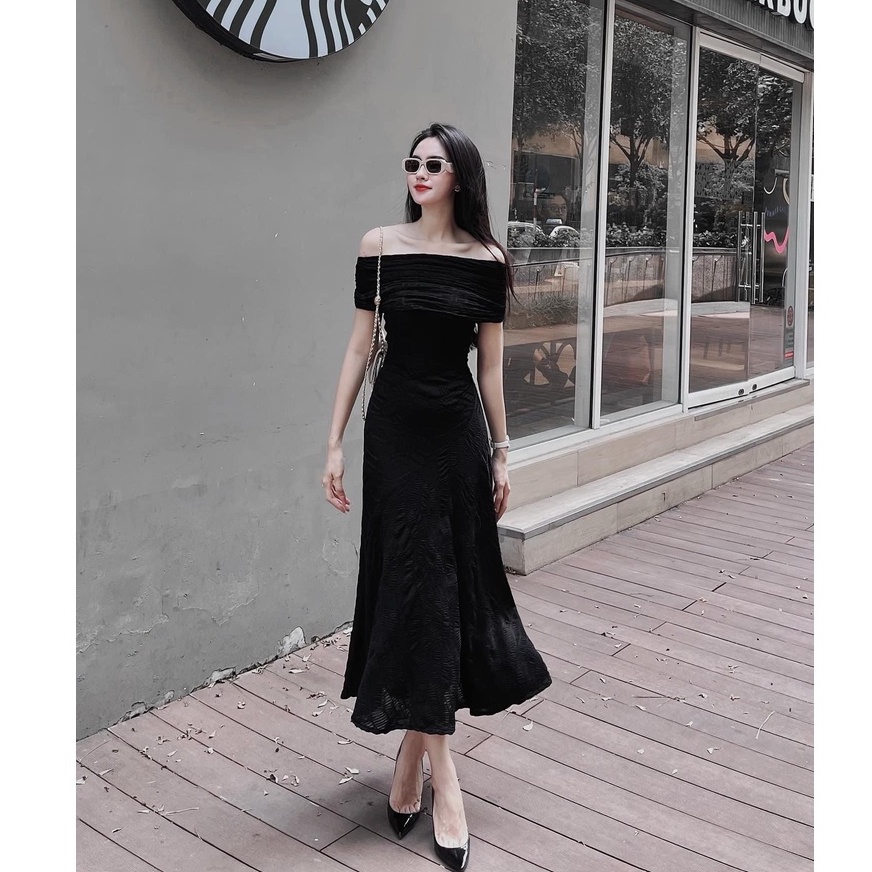Đầm maxi thun xốp ren đuôi cá trễ vai 159