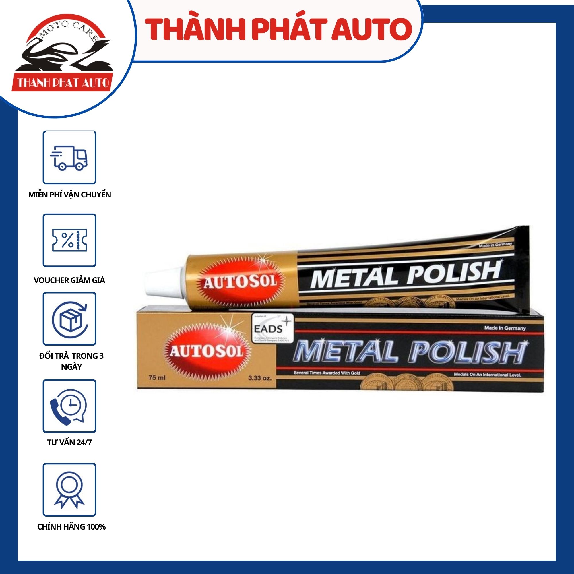 Kem đánh bóng kim loại Autosol Metal Polish 75ml chuyên dùng trên inox, hợp kim, đồng, crom giúp kim loại sáng bóng và lấy lại được màu sắc ban đầu