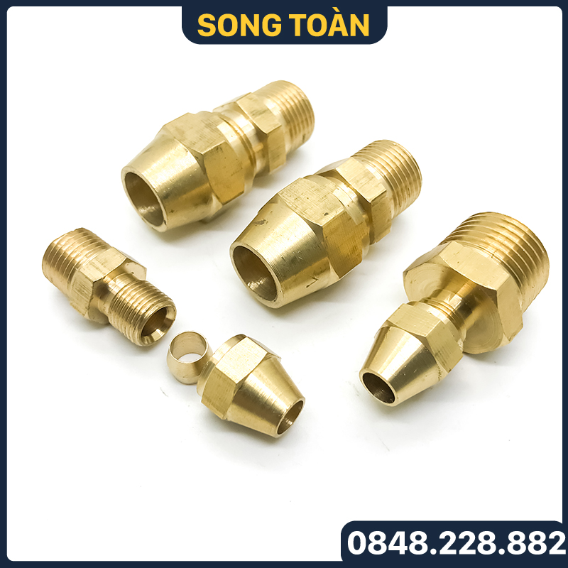 Đầu nối ren ngoài hạt bắp đồng, bộ nối hạt bắp 1 đầu ren ngoài 1 đầu côn lõm hạt bắp npt nối ống đồng, ống pu