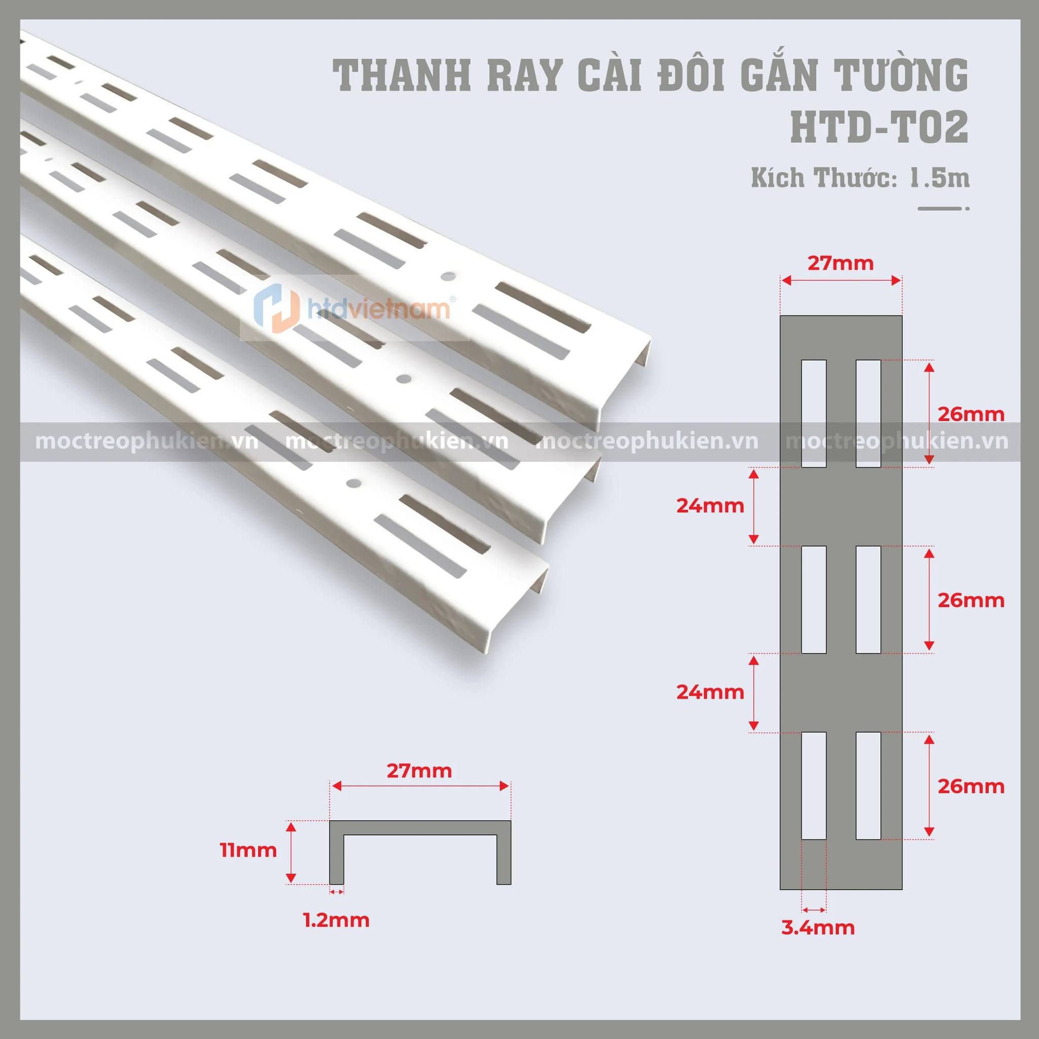Thanh ray đôi gắn tường cài tấm lỗ: htd-t02