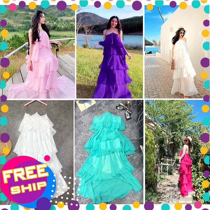💖 SIÊU PHẨM 💖 Đầm maxi tầng yếm xích 5 tầng hở lưng đi biển, Đầm maxi cổ yếm hở lưng nhiều màu 01