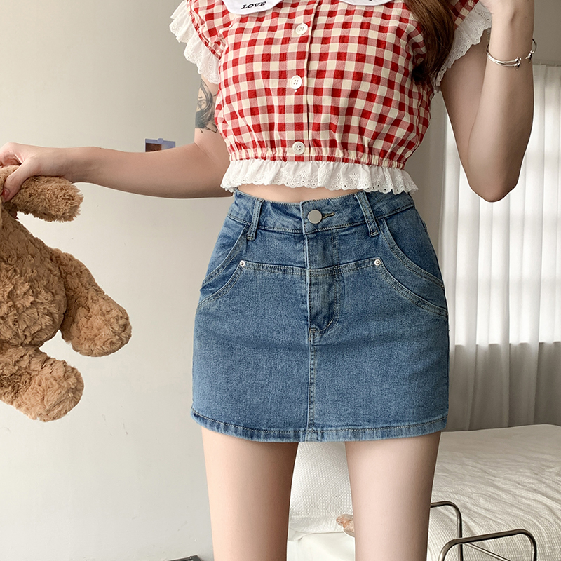 DUOHANZI Denim Chân Váy Ngắn Cho Nữ Eo Cao Chân Váy Chữ A Mỏng Bó Sát Che Mông Quần Siêu Chân Váy Ngắn HOT ●9-4♞♈☍