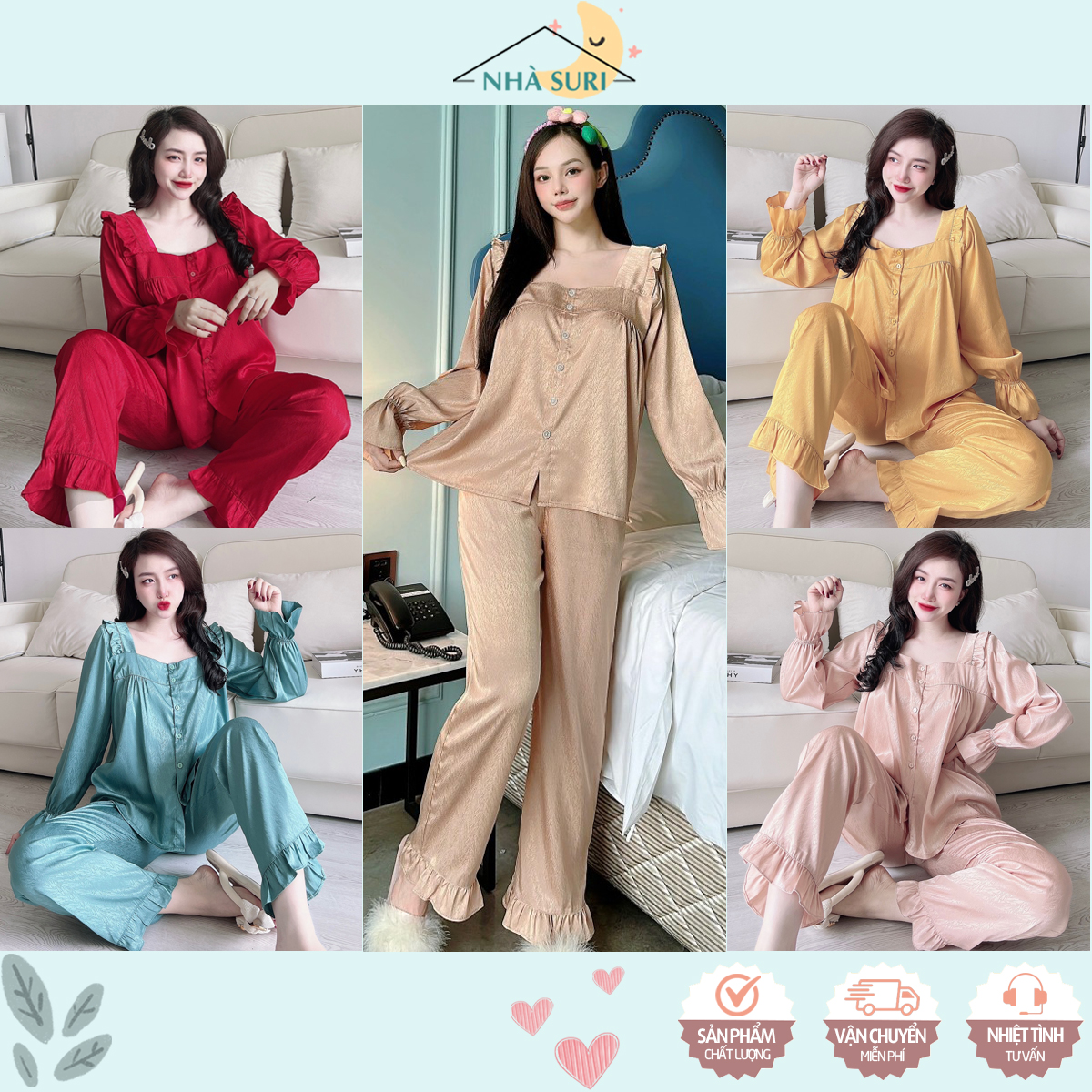 Đồ ngủ nữ lụa xước ánh kim cao cấp tiểu thư cổ vuông tay dài - Set mặc nhà vải lụa mềm mịn thoáng mát