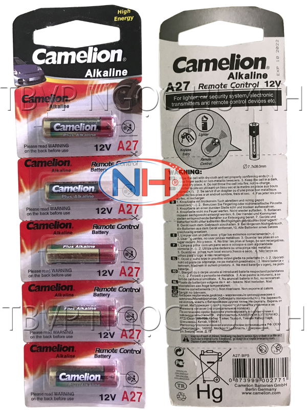 Vỉ 5 Viên Pin CAMELION 27A 12V cho Remote cửa cuốn, cửa từ, chuông cửa, bút trình chiếu,công tắc điều khiển từ xa