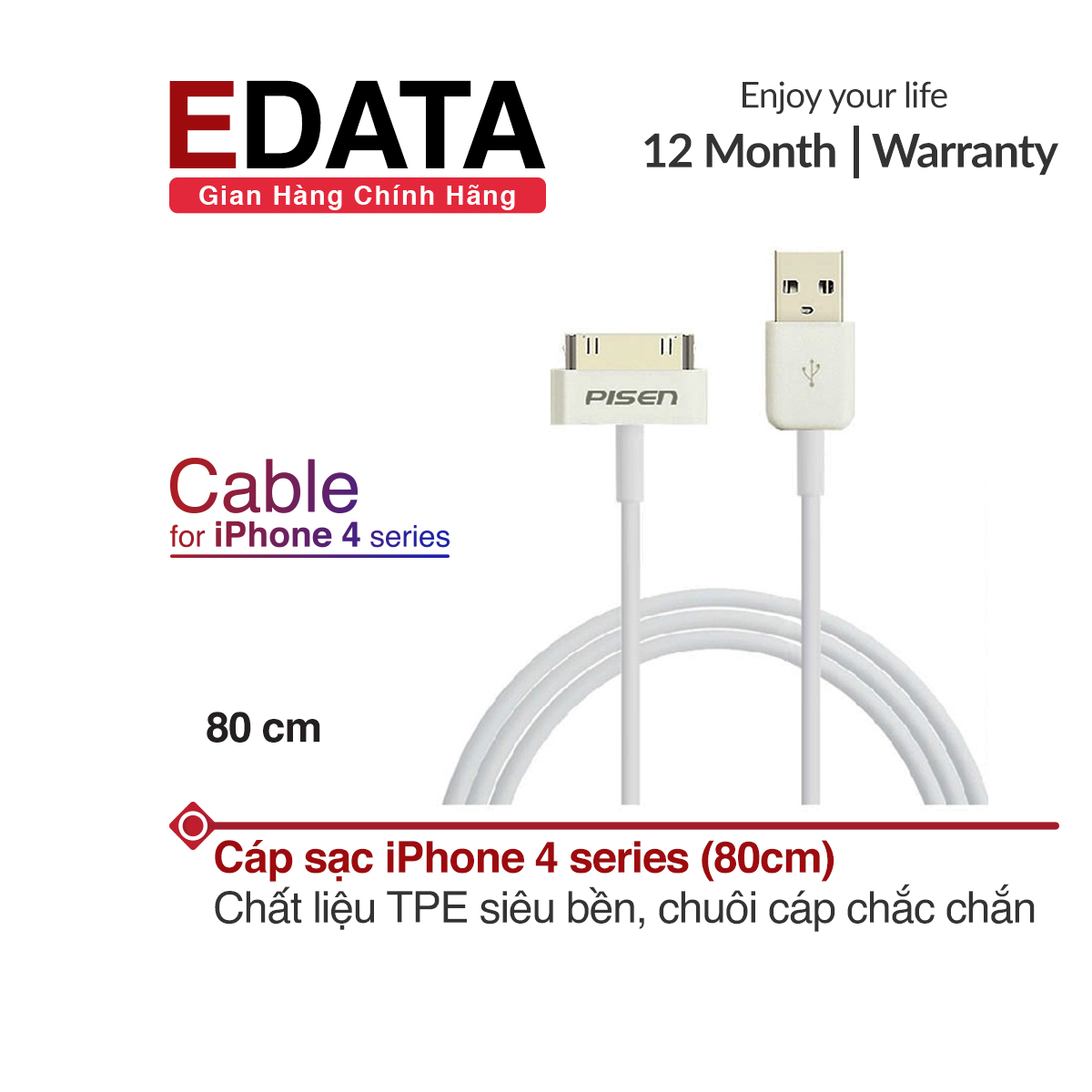 Cáp sạc Edata iPhone 4 series, chất liệu TPE siêu bền, chuôi cáp hoàn thiện chắc chắn