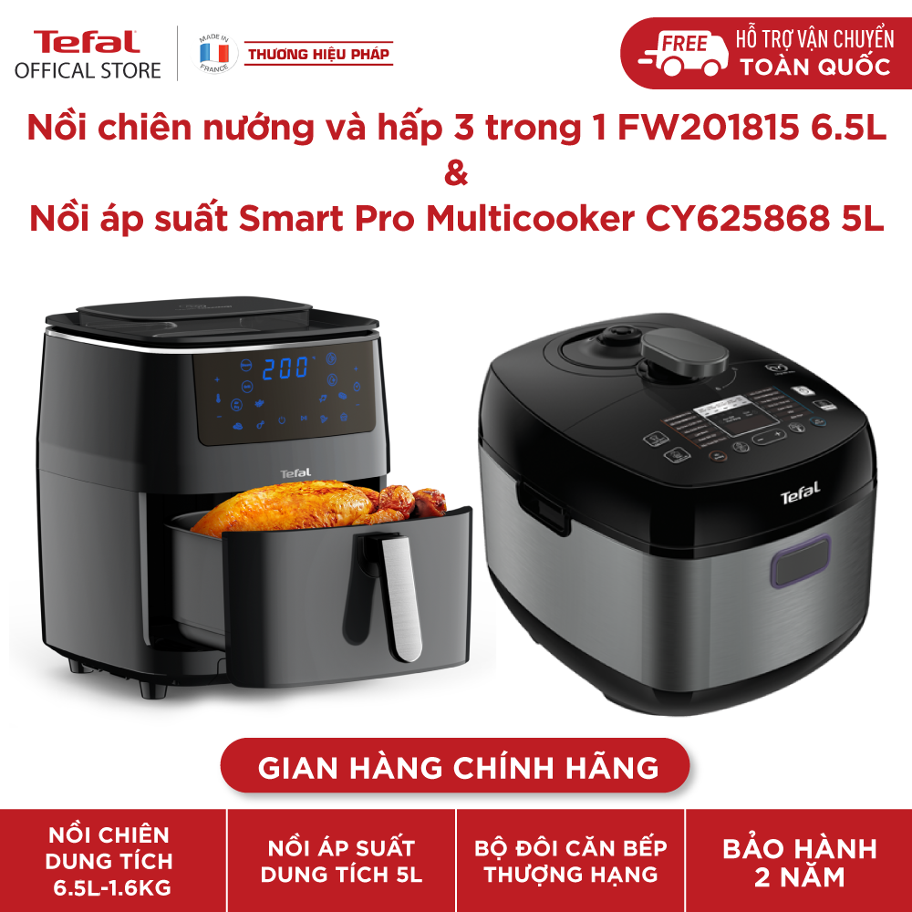 Bộ đôi nồi chiên không dầu nướng và hấp tefal fw201815 + nồi áp suất tefal cy625868 5l- gian hàng chính hãng bảo hành 2 năm-bcy6fw2