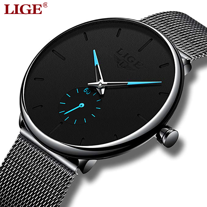 LIGE đai lưới đàn ông xem giản dị giản dị thép không gỉ chống thấm đồng hồ nam