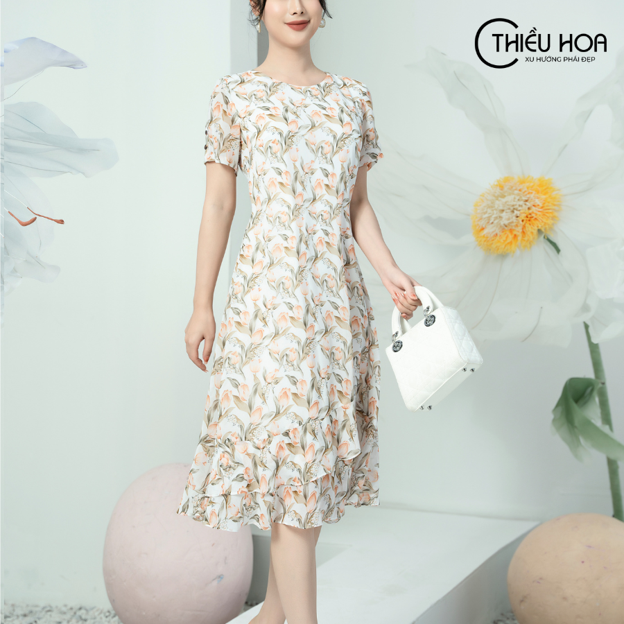 Đầm nữ trung niên thiết kế thiết kế dáng suông, vải voan hoa 2 lớp sang trọng L1006 Thời Trang Thiều Hoa