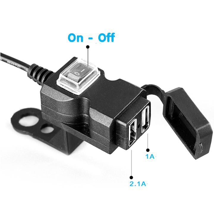 Sạc điện thoại xe máy 2 cổng usb 12-24v gắn ghi đông hoặc chân gương xe máy có công tắc