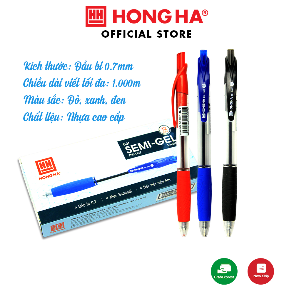 Bút semi gel 0.7 mm thân trong Hồng Hà 2607 (hộp 12 cây)