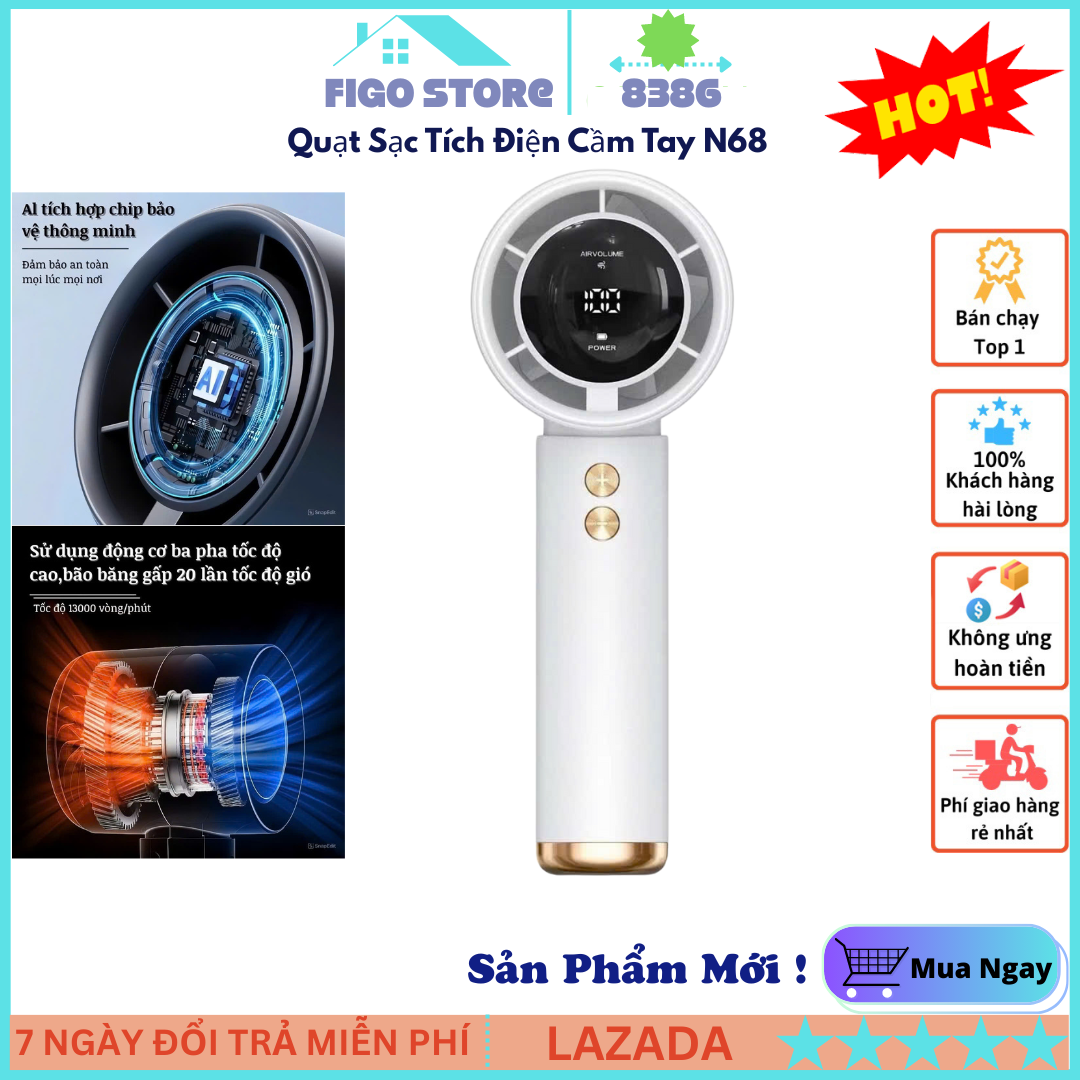 { New 2025 } Quạt Sạc Tích Điện Cầm Tay N68 Cao Tốc, Quạt Cầm Tay N68 Màn Hình LED , Làm Mát Nhanh Gió Siêu Mạnh, Quạt cầm tay Mini N68 Pin Trâu, Bảo Hành Toàn Quốc