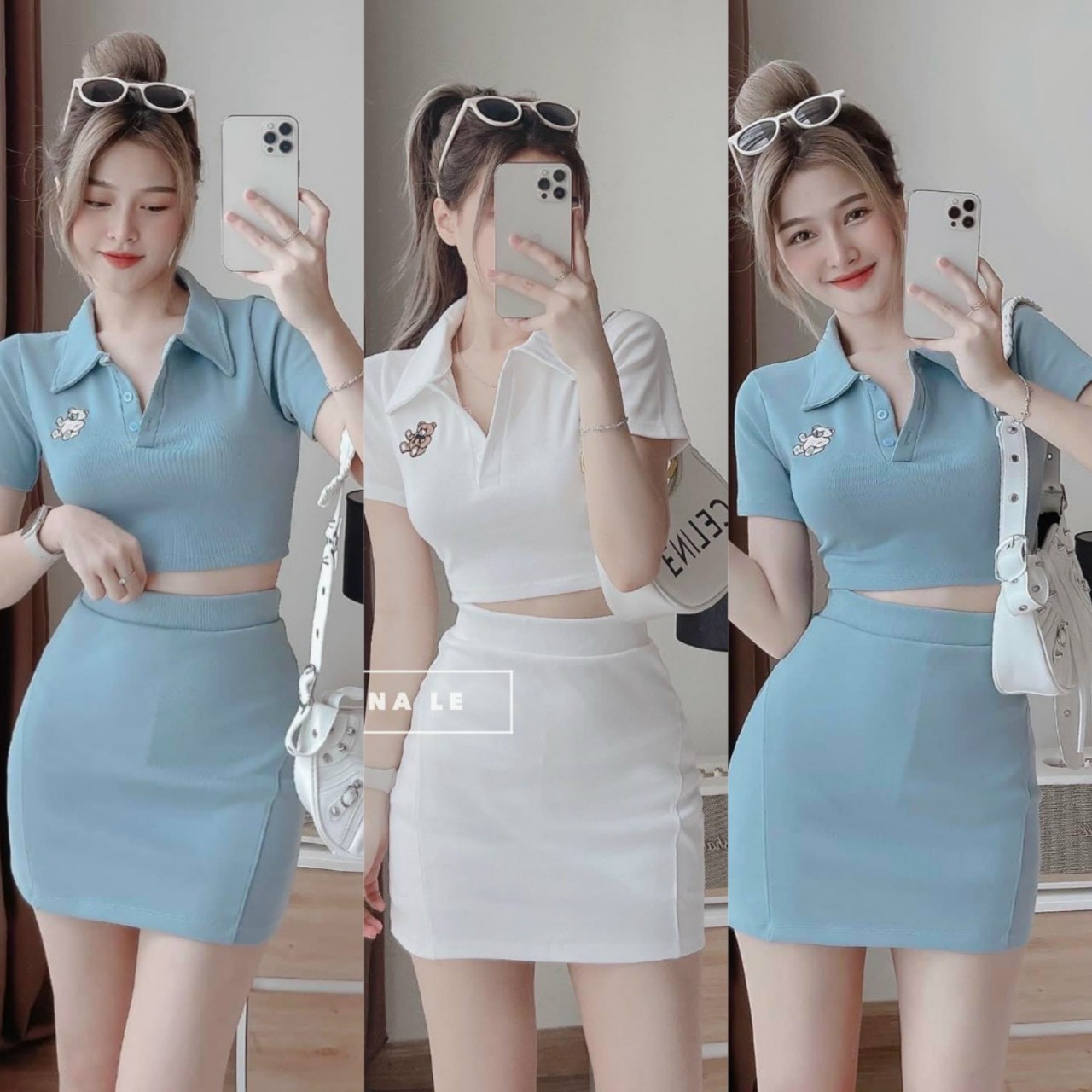 Sét áo croptop cổ sơ mi hoạ tiết gấu kèm chân váy mini dễ thương