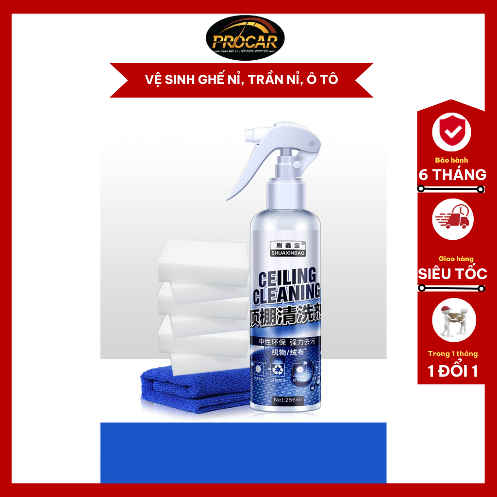Vệ sinh nội thất ô tô, chai xịt vệ sinh trần nỉ, ghế ngồi ô tô Shuaxinbao Fabric Cleaning dung tích 256ml