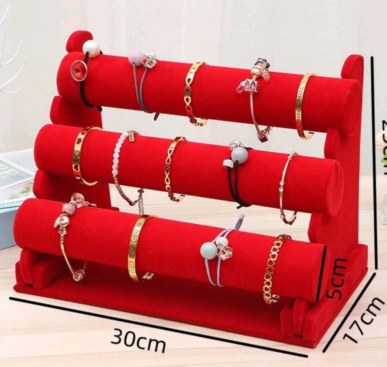 Kệ nhung 3 tầng treo trang sức, giá đỡ trưng bày vòng tay, đồng hồ