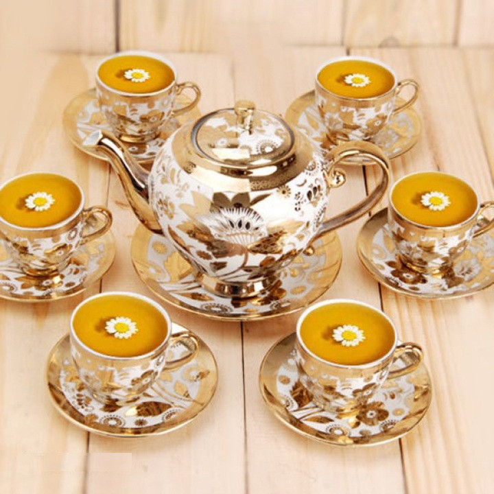 Bộ ấm trà 1 bình 6ly 6 đĩa nhủ vàng sang trọng - bộ ấm trà - tách trà nhủ vàng