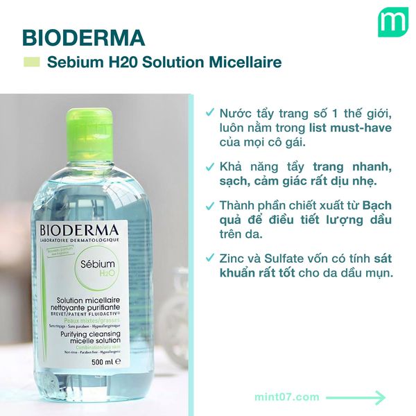 Nước tẩy trang Bioderma sebium H2O e500ml dành cho da nhờn và da mụn.