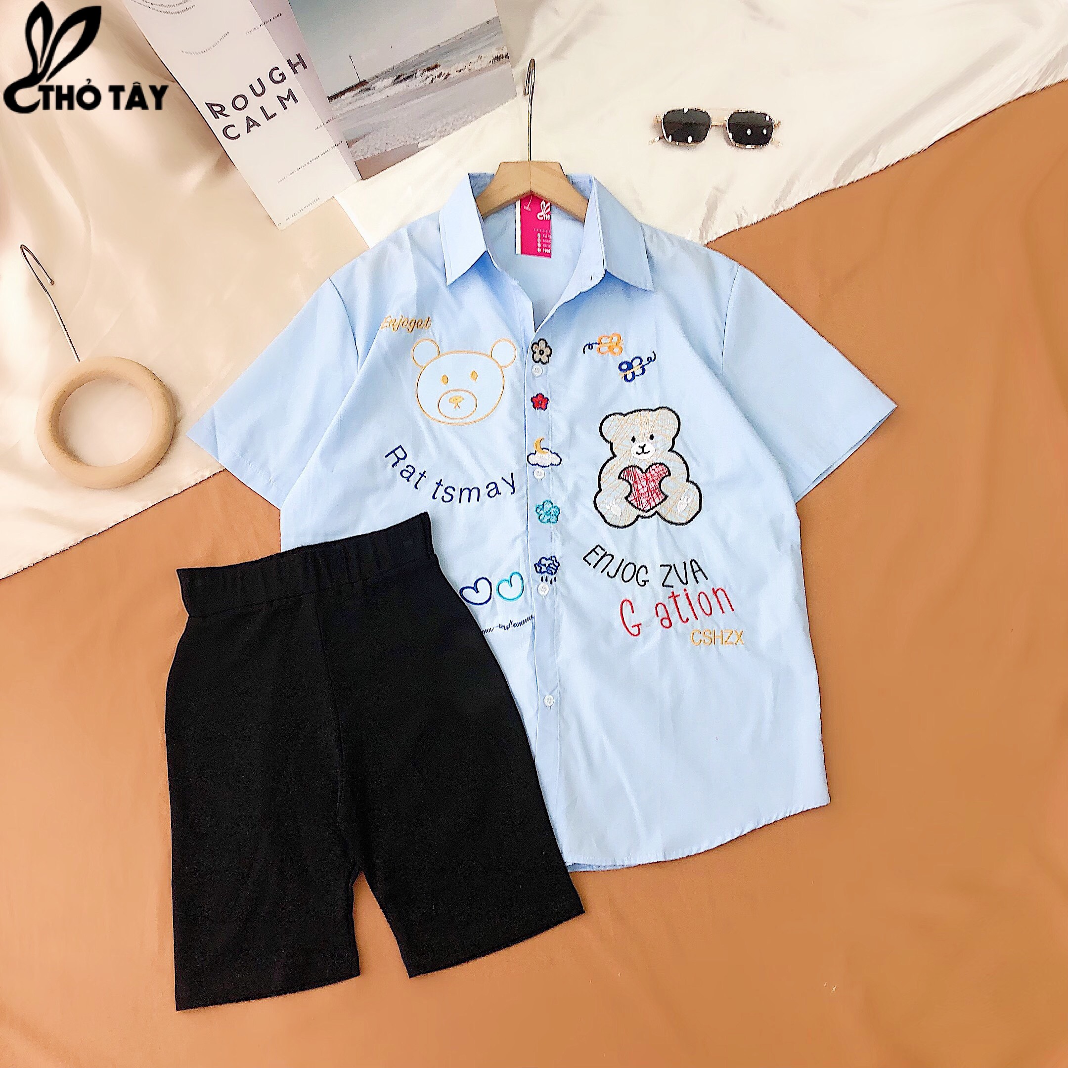 Set bộ nữ sơ mi thêu gấu - thỏ tây s295c40