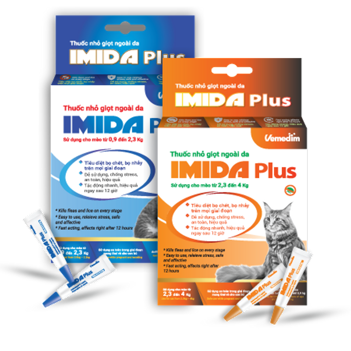 IMIDA Plus for cat - Kiểm soát bọ chét trên Mèo từ 1 - 2 kg, tác động nhanh sau 12 giờ cấp thuốc - Hộp 3 tube 0,23ml