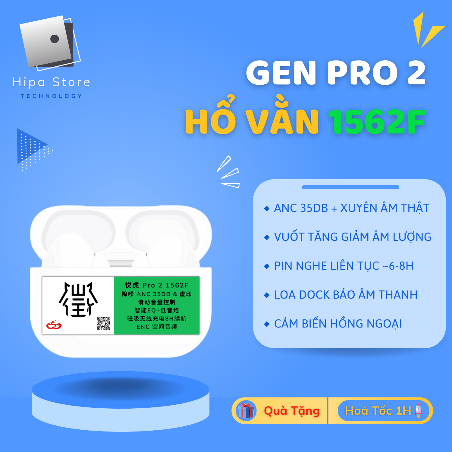 Tai Nghe Bluetooth Hổ Vằn 1562F TWS Pro 2 Tăng Giảm Âm Lượng, Chống Ồn ANC 35DB - Xuyên Âm | Hipa Store