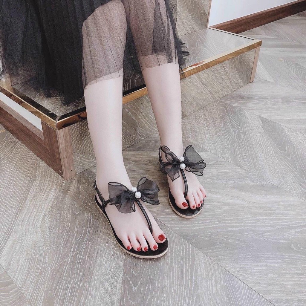Sandal sỏ ngón nữ đính nơ ngọc- sandal xỏ ngón nơ- xăng đan kẹp ngón đính ngọc tiểu thư sang chảnh- sandal xỏ ngón ngọc
