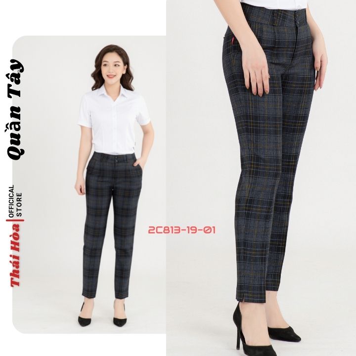 Quần tây nữ Thái Hoà 2C813-19-01, quần âu nữ công sở 9 tấc, màu đen kẻ caro cam, chất liệu mềm ,trơn