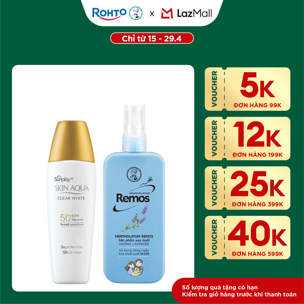 [VB] Combo Sữa chống nắng kiềm dầu cho mặt Sunplay Skin Aqua Clear White 25g + Xịt chống muỗi Remos hương lavender 150ml
