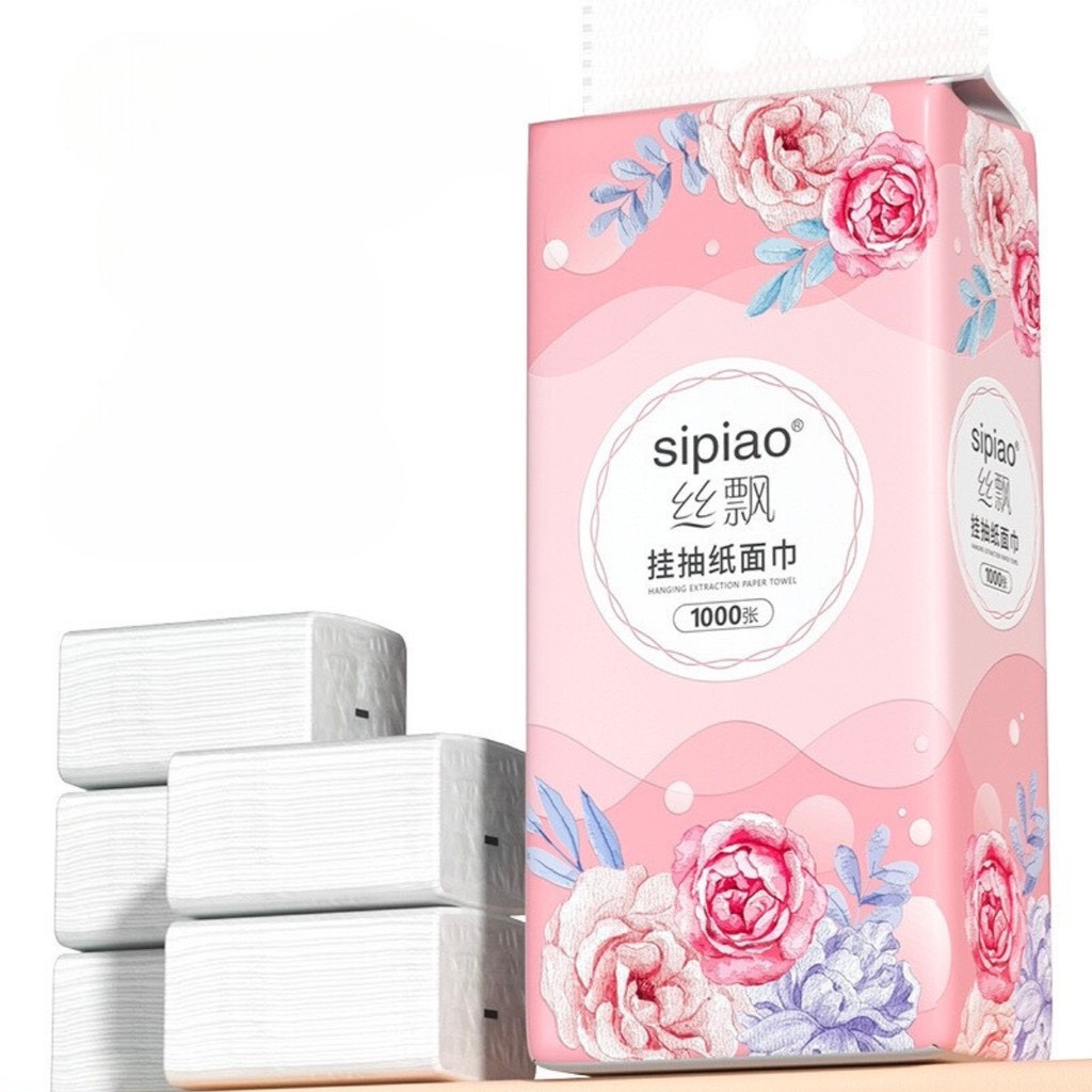 Combo 5 Túi Giấy Treo Đa Năng SIPIAO Hoa Hồng, Khăn Rút Treo Trường 4 Lớp mỗi bịch 1000 tờ dai mềm từ bột tre, khăn giấy, túi khăn giấy treo tường, túi khăn giấy, khăn giấy khô, khăn giấy ướt