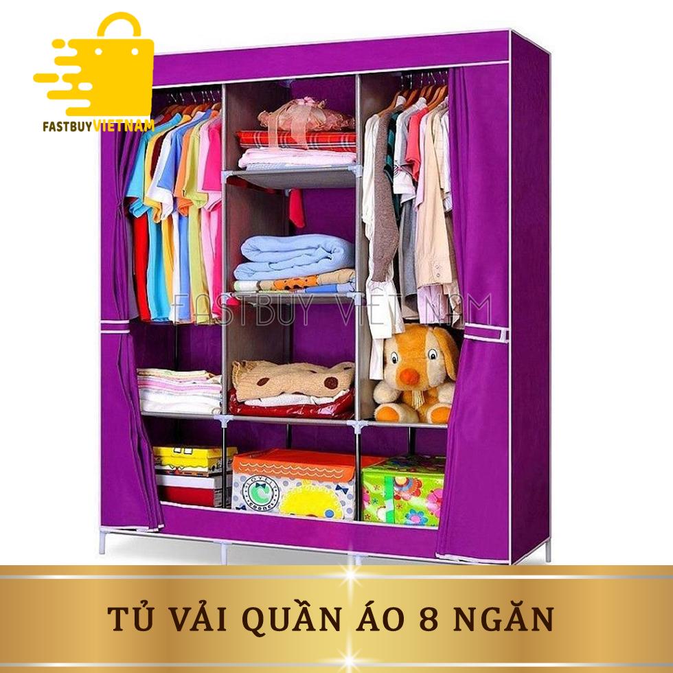 Tủ Vải Quần Áo 3 Buồng 8 Ngăn Trơn Cao Cấp, To, Bền, Khung Chắc Chắn