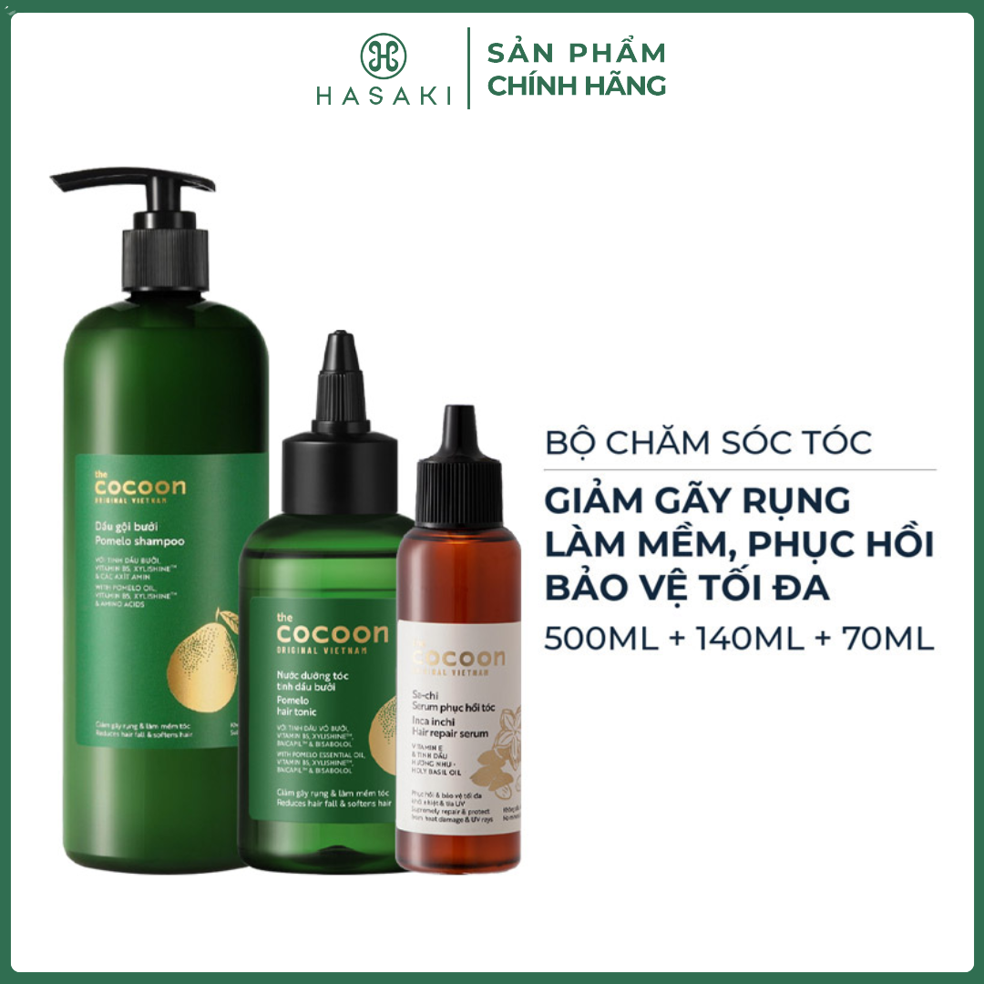 Combo Cocoon Dầu Gội Bưởi 500ml + Nước Dưỡng Tóc Bưởi 140ml + Serum Dưỡng Tóc Sachi 70ml Hasaki Sản Phẩm Chính Hãng