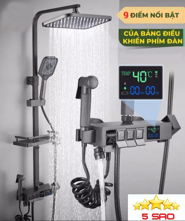 Bộ sen cây tắm đứng, bộ sen vòi tắm, vòi sen tắm nóng lạnh hàng nhập khẩu quốc tế - Bảng điện tử LED, Mạ Kẽm xám 4 phím đàn - vòi sen tăng áp - Bộ vòi sen tắm nóng lạnh cao cấp - dễ dàng lắp đặt - tiết kiệm nước