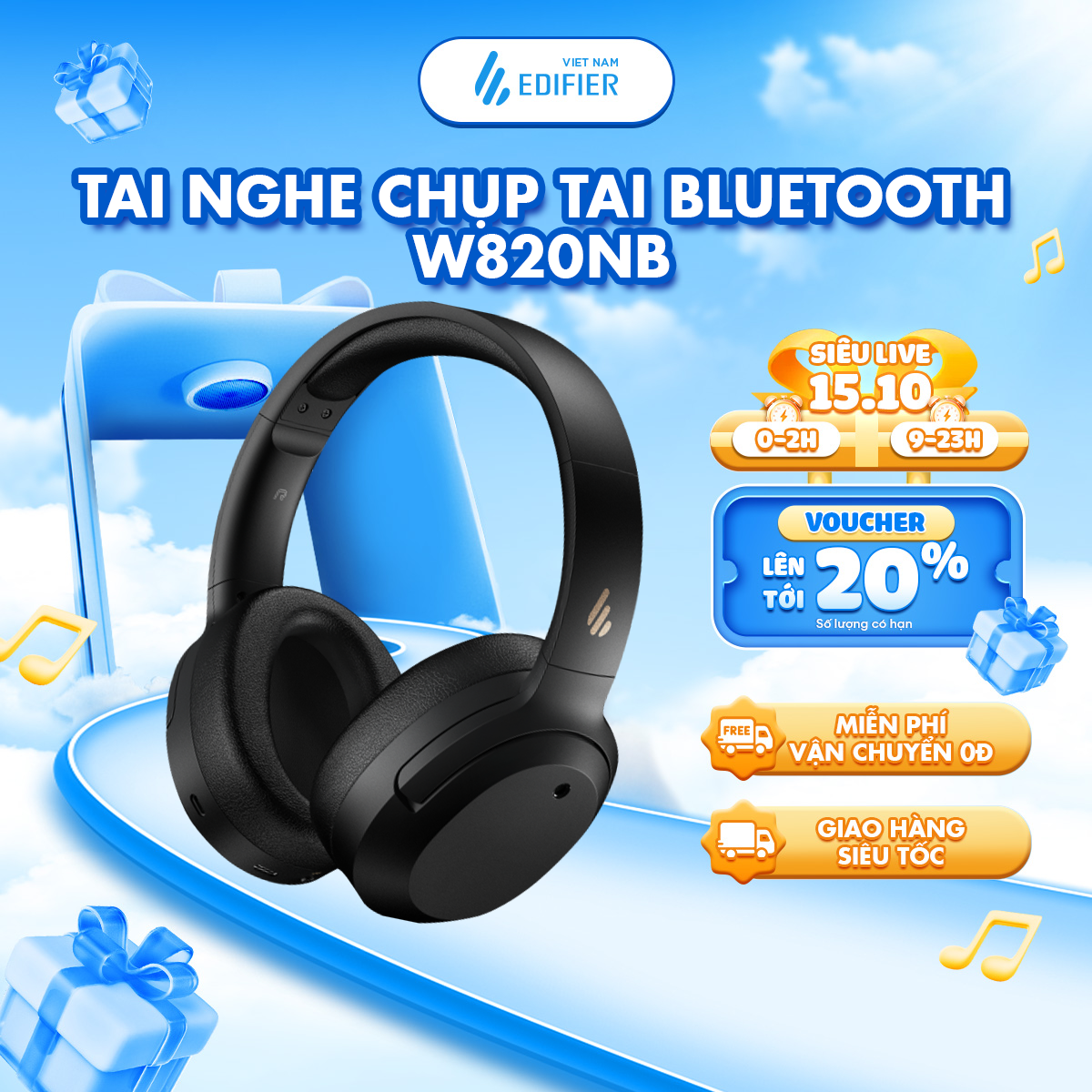 Tai nghe chụp tai Bluetooth 5.0 EDIFIER W820NB / W820NB PLUS | Chống ồn chủ động ANC | Thời lượng pin đến 49 giờ | Bảo Hành 15 Tháng