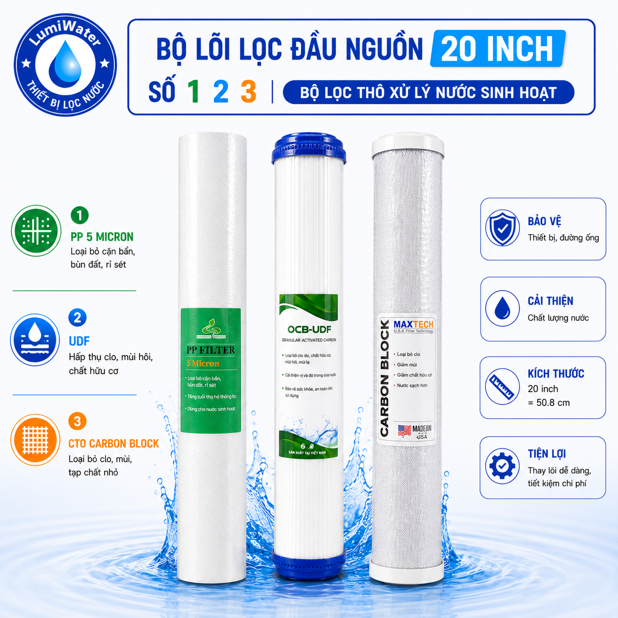 (HCM) Bộ Lõi Lọc Nước Đầu Nguồn 20 Inch số 123 – (Lọc Nước Thô Đầu Nguồn)